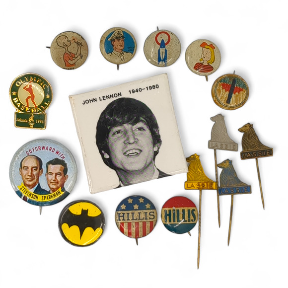 John Lennon Batman Lassie Political Pinback Stickpin Memorabilia Collection - Picture 1 of 16